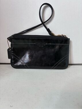 Coach Black Leather Zip Wristlet with Gray Stitching